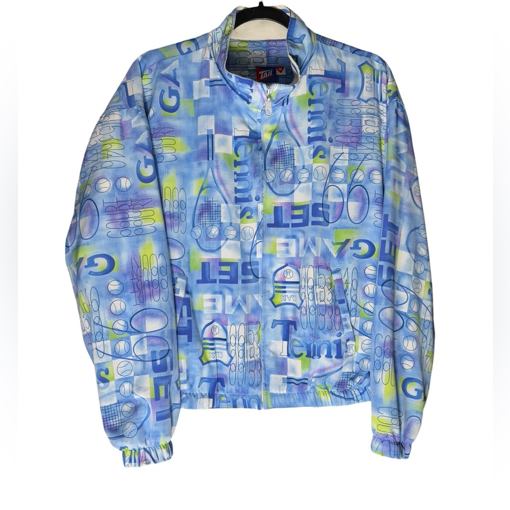 VTG 90s Tail Jacket Womens Medium Blue All Over Print Tennis Light Athleisure